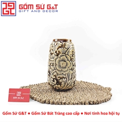 Lọ hoa dáng đu đủ nâu khắc hoa phù dung H27