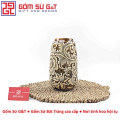 Lọ hoa dáng đu đủ nâu khắc hoa phù dung H27