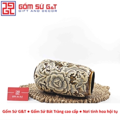 Lọ hoa dáng đu đủ nâu khắc hoa phù dung H27