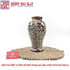 Lọ hoa dáng mai bình nâu khắc công đào H30