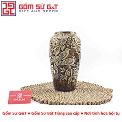 Lọ hoa dáng phích nâu khắc chim đào H30