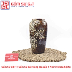 Lọ hoa dáng phích nâu khắc chim đào H30