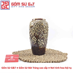 Lọ hoa dáng phích nâu khắc chim đào H30