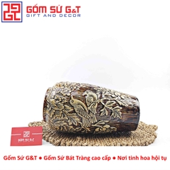 Lọ hoa dáng phích nâu khắc chim đào H30