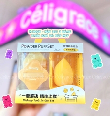 H-9034 - Hộp Set 3 Bông Phấn Khô Và Ướt HEY Kèm Giỏ Đựng Xinh Xắn