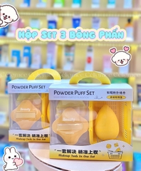 H-9034 - Hộp Set 3 Bông Phấn Khô Và Ướt HEY Kèm Giỏ Đựng Xinh Xắn