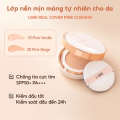 Phấn Nước Kiềm Dầu, Che Phủ Cao LIME Real Cover Pink Cushion SPF 50+/PA+++ 20g