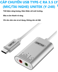 CÁP CHUYỂN USB TYPE-C RA 3.5 LY (MIC/TAI NGHE) UNITEK (Y-248)