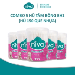 Combo 5 Tăm Bông Niva Cho Trẻ Sơ Sinh Hũ 150 Que Thân Nhựa BH1 Bông Tự Nhiên, Công Nghệ Kháng Khuẩn An Toàn Cho Bé