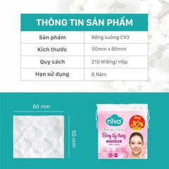 [Mua 3 Tặng 1] Bông Tẩy Trang Vuông NIVA CV3 Túi 210 Miếng – Bông Tự Nhiên Cao Cấp, Bản Cải Tiến