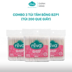 Combo 3 Tăm Bông Niva Cho Trẻ Sơ Sinh Túi 200 Que Thân Giấy BZP1 Bông Tự Nhiên Kháng Khuẩn An Toàn,Thân Thiện Môi Trường