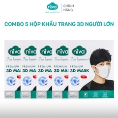 Combo 5 Hộp Khẩu Trang Niva 3D Người Lớn Hộp 10 Cái Cấu Trúc 3 Lớp Ngăn Bụi Mịn Kháng Khuẩn Hàng Chính Hãng Cao Cấp