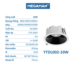 Đèn LED Âm Trần Spotlight Chống Chói 10W MEGAMAN YTDL002-10W