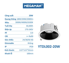 Đèn LED Âm Trần Spotlight Chống Chói 20W MEGAMAN YTDL002-20W