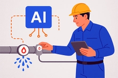 Hình minh họa Kỹ sư kiểm tra cảm biến rò rỉ nước hoặc sơ đồ hệ thống cảm biến kết nối với AI