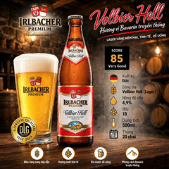 Bia Đức Irlbacher Premium Vollbier Hell 4.9% - Thùng 20 Chai 500ml - Nhập Khẩu 100% - DLG Gold 2024 - Score 85