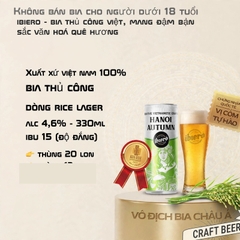 Bia Thủ Công Hanoi Autumn - Dòng Rice Lager Vị Cốm Non - Lon 330ml - Alc 4,6% - IBU 15 - Thùng 20 Lon - iBiero