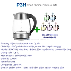 Ấm đun siêu tốc thủy tinh Lock&Lock dung tích 1.8L chuyển màu theo nhiệt độ EJK341 P3H