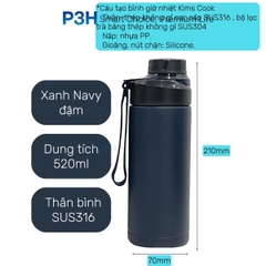 Bình giữ nhiệt Kims Cook 520ml thép không gỉ SUS316 cao cấp nắp vặn kín hơi dây xách tiện lợi XB-19124 P3H Store