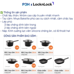 Nồi Chảo chống dính LocknLock Square-IH Thiết Kế Vuông Độc Đáo, Dùng được bếp từ, Nắp kính silicone tiện lợi P3H