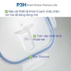 Hộp thủy tinh chịu nhiệt Nikko Inochi nắp trắng có lổ thoát hơi khóa 4 chấu chắc chắn P3H