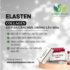 Một ống Collagen Elasten dạng nước màu xanh có nhãn Collagen Elasten