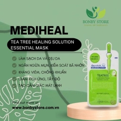 Mặt nạ tràm trà hỗ trợ giảm mụn Teatree của Mediheal trên nền xanh lá cây