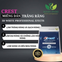 Một hộp miếng dán trắng răng Crest 3D White Professional Effects 2022 màu xanh lá cây và trắng, có chữ Crest 3D White Professional Effects Whitestrips.