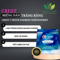 Một hộp miếng dán trắng răng Crest 3D White Whitestrips 1 Hour Express màu xanh lá cây với logo hình nụ cười và chữ Crest. Hộp miếng dán có nhãn 1 Hour Express và Crest 3D White.
