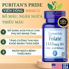 VIÊN UỐNG BỔ MÁU, NGĂN NGỪA THIẾU MÁU PURITAN’S PRIDE FOLATE 1333MCG DFE (FOLIC ACID 800MCG) - 250 Viên