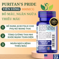 VIÊN UỐNG BỔ MÁU, NGĂN NGỪA THIẾU MÁU PURITAN’S PRIDE FOLATE 1333MCG DFE (FOLIC ACID 800MCG) - 250 Viên