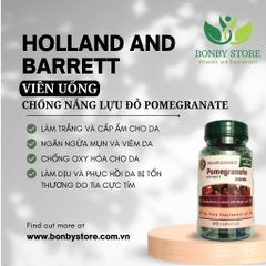 Một hộp viên uống hỗ trợ chống nắng Holland & Barrett Pomegranate lựu đỏ màu đỏ có nhãn Pomegranate