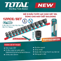 Bộ 12 Đầu Tuýp Lục Giác 3/8" Total THTISD38128 – Thép Cr-Mo Cho Máy Siết Bulong (Chính Hãng)