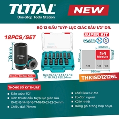 Bộ 12 Đầu Tuýp Lục Giác Sâu 1/2" Total THKISD12126L – Thép Cr-Mo Dài 78mm (Chính Hãng)