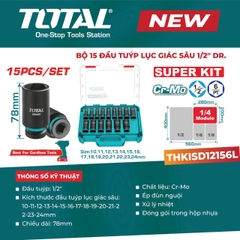 Bộ 15 Đầu Tuýp Lục Giác Sâu 1/2" Total THKISD12156L – Thép Cr-Mo Dài 78mm (Chính Hãng)