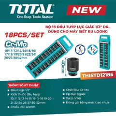 Bộ 18 Đầu Tuýp Lục Giác 1/2" Total THISTD12186 – Thép Cr-Mo Cho Máy Siết Bulong (Chính Hãng)