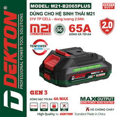 Pin Li-ion DEKTON M21-B2065PLUS (21V/2.0Ah), Dòng Xả Cao 65A, Dùng cho Hệ Sinh Thái M21 (Gen 3)