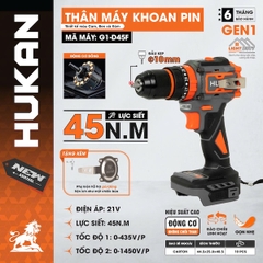 Máy Khoan Pin Không Chổi Than Hukan G1-D45F, 21V, Lực Siết 45N.m, Đầu 10mm