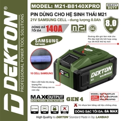 Pin Dekton 21V 8.0Ah M21-B8140PRO – Cell Samsung Cao Cấp, Dòng Xả 140A Siêu Mạnh