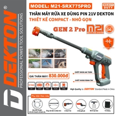 Máy Rửa Xe Dùng Pin Dekton M21-SRX775PRO 21V - Áp Lực 48 Bar, Thiết Kế Nhỏ Gọn
