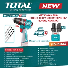 Máy Khoan Búa Không Chổi Than 16V Total TIDLI16665 (66N.m – Đầu Kim Loại 13mm – Kèm 2 Pin Sạc Type-C)