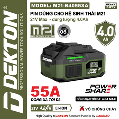 Pin Dekton 21V 4.0Ah M21-B4055A Heavy Duty – Dòng Xả 55-65A Vỏ Chống Cháy (Chính Hãng)