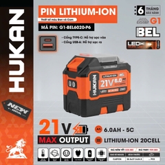 Pin Lithium-ion 21V 6.0Ah Hukan G1-BEL6020-P6 (20 Cell - Tích Hợp Cổng Type-C & USB-A)