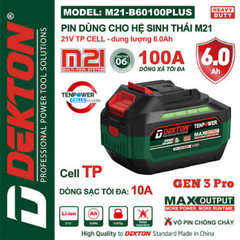 Pin 21V 6.0Ah Dekton M21-B60100PLUS Gen 3 Pro – Dòng Xả Cực Đỉnh 100A (Cell Tenpower – Vỏ Chống Cháy)