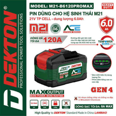 Khối Pin Cao Cấp 21V 6.0Ah Dekton M21-B6120PROMAX Sạc Nhanh 8A Max (Chính Hãng)