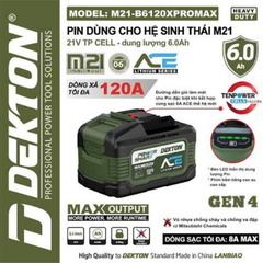 Khối Pin Cao Cấp 21V 6.0Ah Dekton M21-B6120PROMAX Sạc Nhanh 8A Max (Chính Hãng)