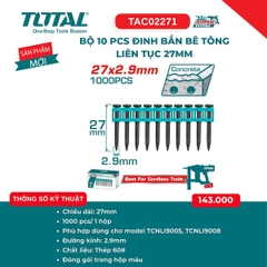Bộ 1000 Đinh Bắn Bê Tông Liên Tục Total – Thép 60# Siêu Cứng (27mm, 32mm, 38mm)