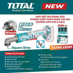 Máy Siết Bu Lông Góc Dùng Pin 20V TOTAL TAIWLI2081 - Động Cơ Không Chổi Than, Lực Siết 80Nm (Chưa Pin & Sạc)