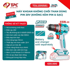 Máy Khoan Không Chổi Than Dùng Pin 20V Total TDLI205581 - Lực Siết 55Nm, Đầu Kẹp Kim Loại 13mm