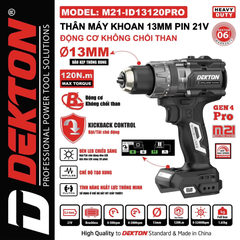 Thân Máy Khoan Pin 21V Dekton M21-ID13120PRO Gen 4 Pro – Đầu Kẹp 13mm Động Cơ Không Chổi Than (Lực Siết 120N.m)